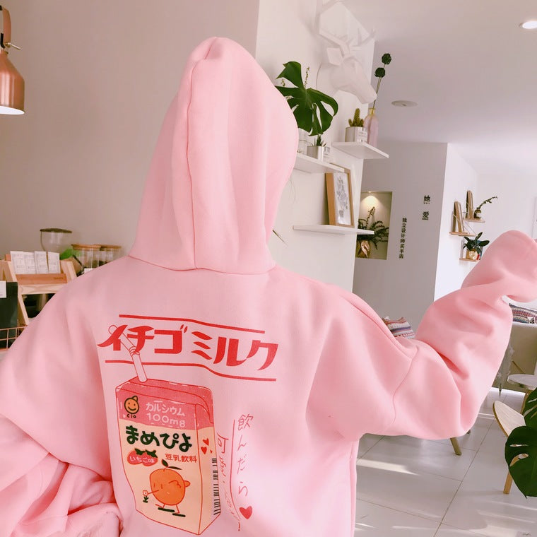 Cute Pastel Pink Peach Cartoon Print Long Sleeve Hoodie Pullover Sweater Sweatshirt Autumn Winter E-Girl Kawaii Korean Japanese Harajuku Streetwear
