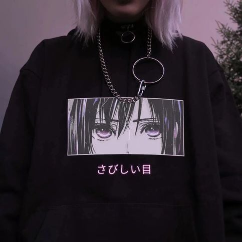 Cute Anime Girl Sad Eyes Hoodie Loose Long Sleeve Sweatshirt Sweater Pullover Jumper Casual E-Girl Kawaii Korean Japanese Harajuku Streetwear