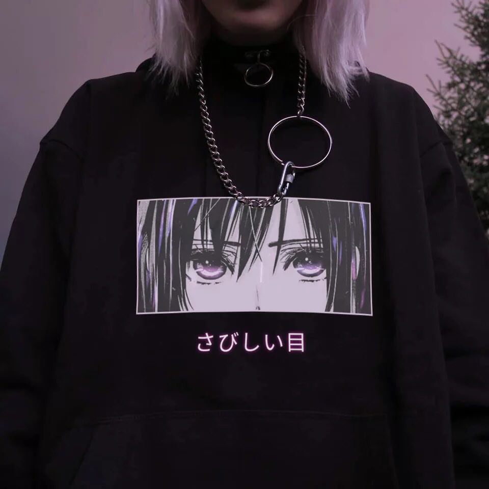 Cute Anime Girl Sad Eyes Hoodie Loose Long Sleeve Sweatshirt Sweater Pullover Jumper Casual E-Girl Kawaii Korean Japanese Harajuku Streetwear