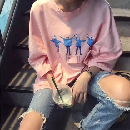 Cute People Kpop Letter Print Graphic Casual Oversized Short Sleeve Tee Shirt T-shirt Top E-Girl Kawaii Korean Japanese Harajuku Streetwear
