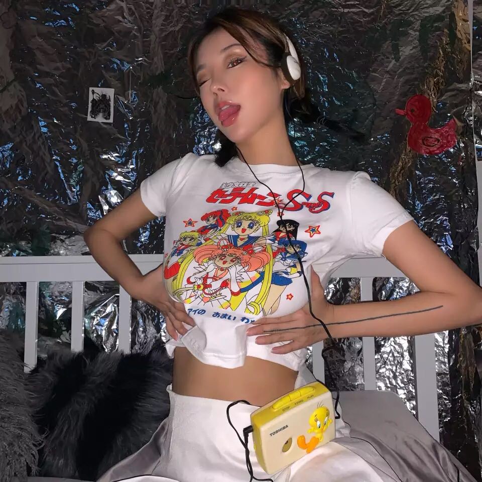 Japanese Anime Cartoon White Crop Top Short Sleeve T-shirt
