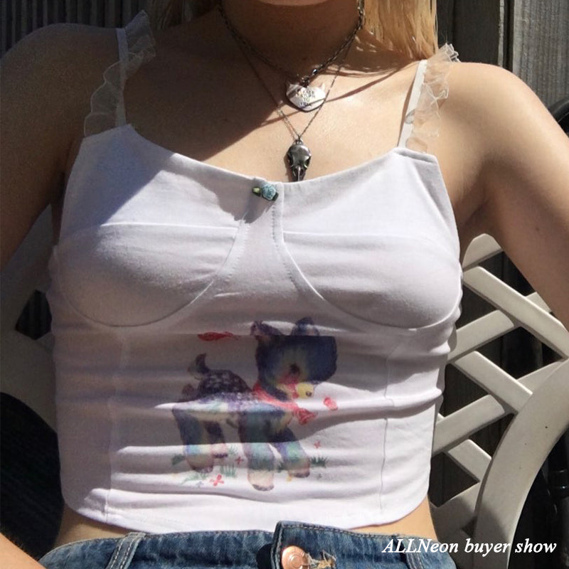 Cute Cartoon Graphic Lace Vintage Spaghetti Strap Crop Top Shirt Tee T-shirt E-Girl Kawaii Korean Japanese Harajuku Chinese Retro Streetwear Aesthetic