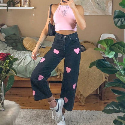 Cute Vintage Pink Heart Print Black Denim Jeans Straight High Waist Long Trouser Pants Autumn Casual E-Girl Kawaii Korean Japanese Harajuku Streetwear