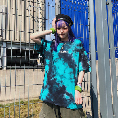 Cute Tie Dyed Hip Hop Casual Punk Goth Loose Oversized Short Sleeve Shirt Tee T-shirt E-Girl Kawaii Korean Japanese Harajuku Chinese Retro Streetwear