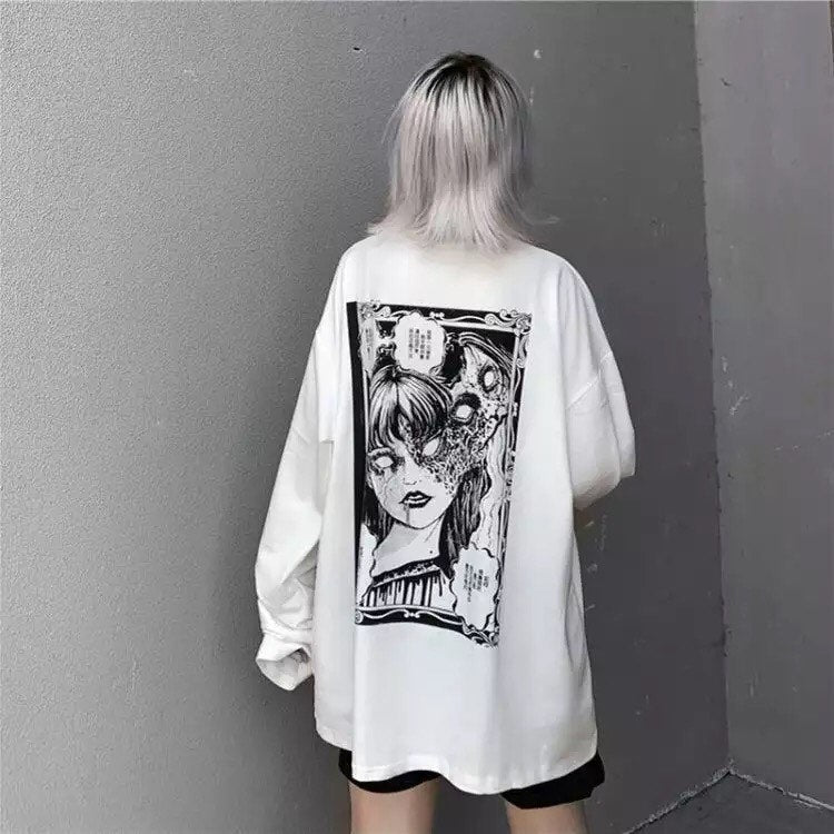 White Dark Anime Girl Cartoon Print Long Sleeve White T-Shirt Oversize Loose Vintage Goth Aesthetic E-Girl Kawaii Korean Japanese Harajuku Streetwear
