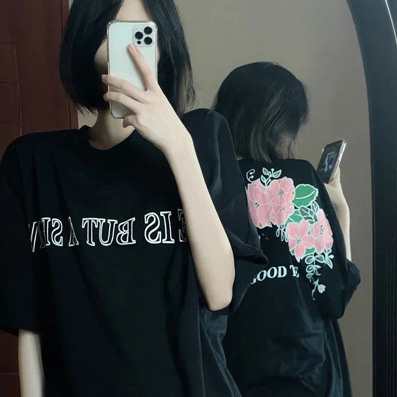 Flower Print Loose Short Sleeve T-shirt