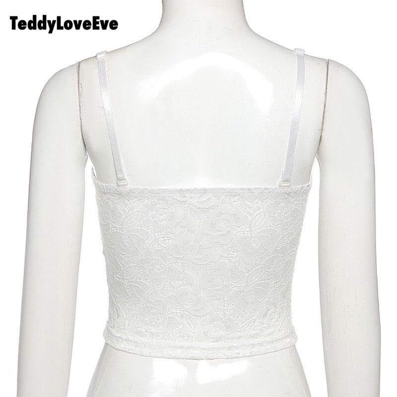 Cute Sexy Floral Lace Corset Camisole Tank Crop Top Sleeveless Shirt Bodycon Goth Punk Summer Casual E-Girl Kawaii Korean Japanese Harajuku Streetwear