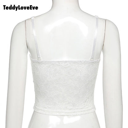 Cute Sexy Floral Lace Corset Camisole Tank Crop Top Sleeveless Shirt Bodycon Goth Punk Summer Casual E-Girl Kawaii Korean Japanese Harajuku Streetwear