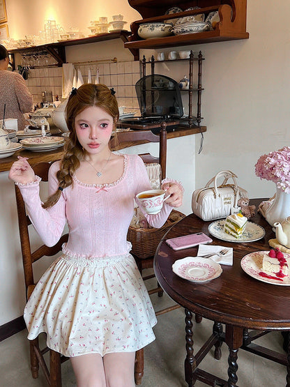 Pink Bow Lace Trim Long Sleeve Shirt