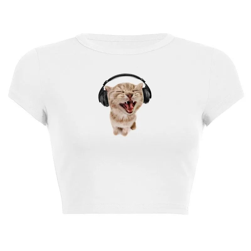Cat Music Print Ribbed Tank Top