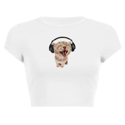 Cat Music Print Ribbed Tank Top