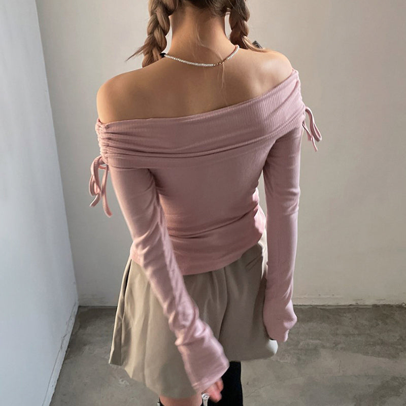 Pink Slash Neck Drawstring Long Sleeve Shirt