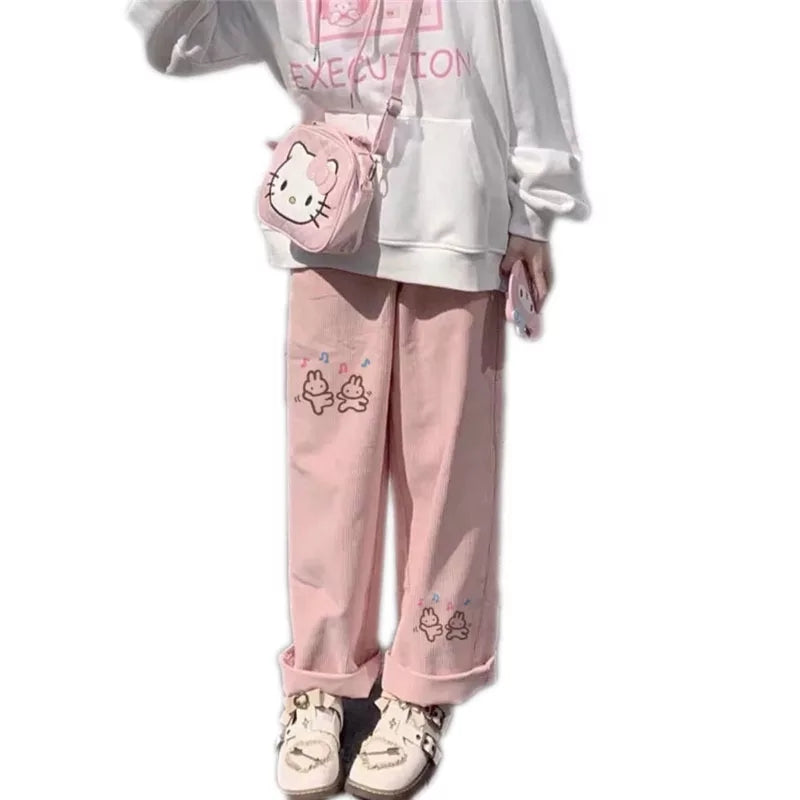 Cute Sweet Pink Bunny Cartoon Print Baggy Corduroy High Waisted Pants Trousers Aesthetic Casual Summer E-Girl Kawaii Korean Japanese Harajuku