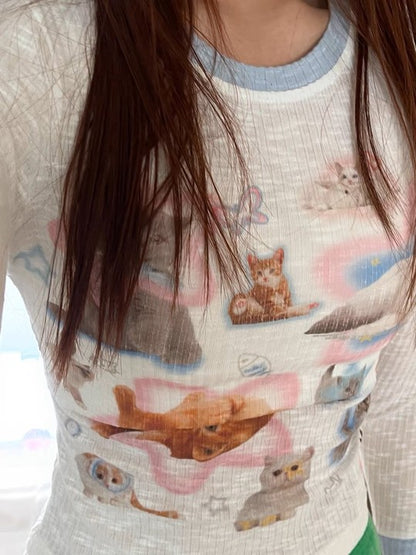 Kawaii Cat Print Long Sleeve T-shirt