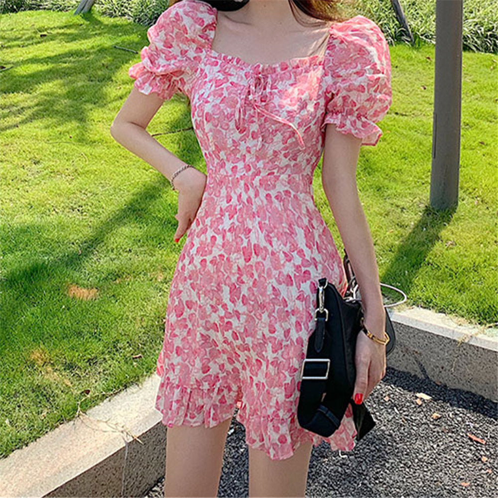 Pink Flower Ruffle Puff Sleeve Dress