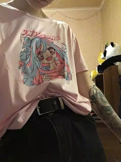 Cute Sweet Vintage Pastel Pink Anime Girl Cartoon Print Short Sleeve Shirt Loose T-shirt Top E-Girl Kawaii Korean Japanese Harajuku Streetwear