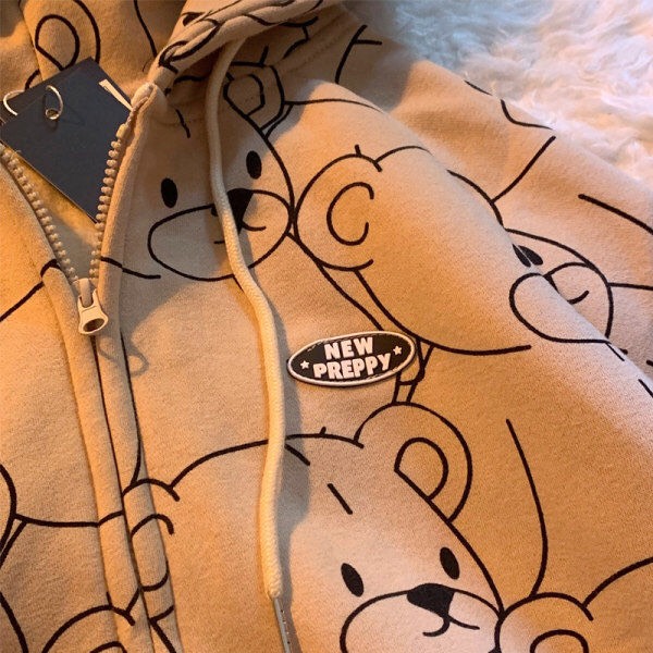 Cute Teddy Brown Bear Oversized Hoodie Zip Up Sweatshirt Sweater Long Sleeve Jumper Pullover E-Girl Kawaii Korean Japanese Harajuku Streetwear