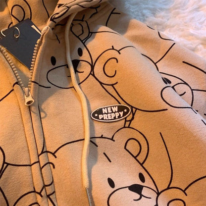 Cute Teddy Brown Bear Oversized Hoodie Zip Up Sweatshirt Sweater Long Sleeve Jumper Pullover E-Girl Kawaii Korean Japanese Harajuku Streetwear