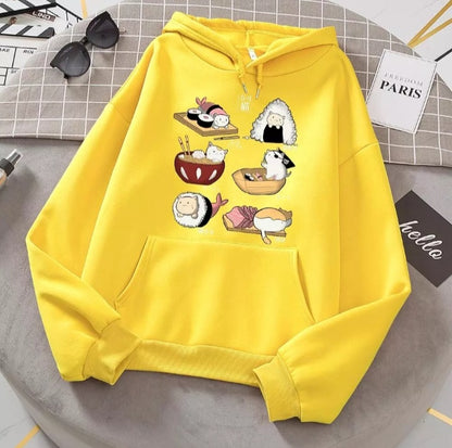 Cute Cat Sushi Cartoon Print Oversized Hoodie Fleece Sweatshirt Pullover Aesthetic Casual E-Girl Kawaii Korean Japanese Harajuku