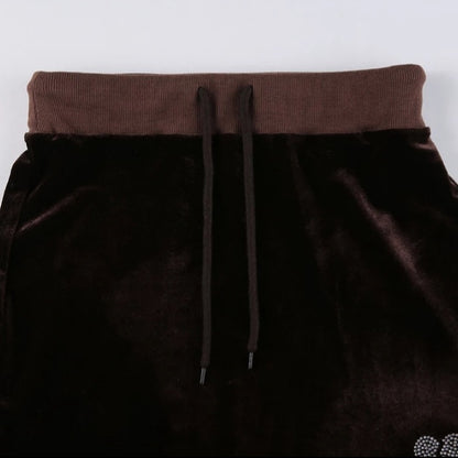 Cute Sexy Brown Rhinestone Crystal Heart Velvet Slit Low Waisted Mini Skirt Bottoms Aesthetic Casual Summer E-Girl Kawaii Korean Japanese Harajuku