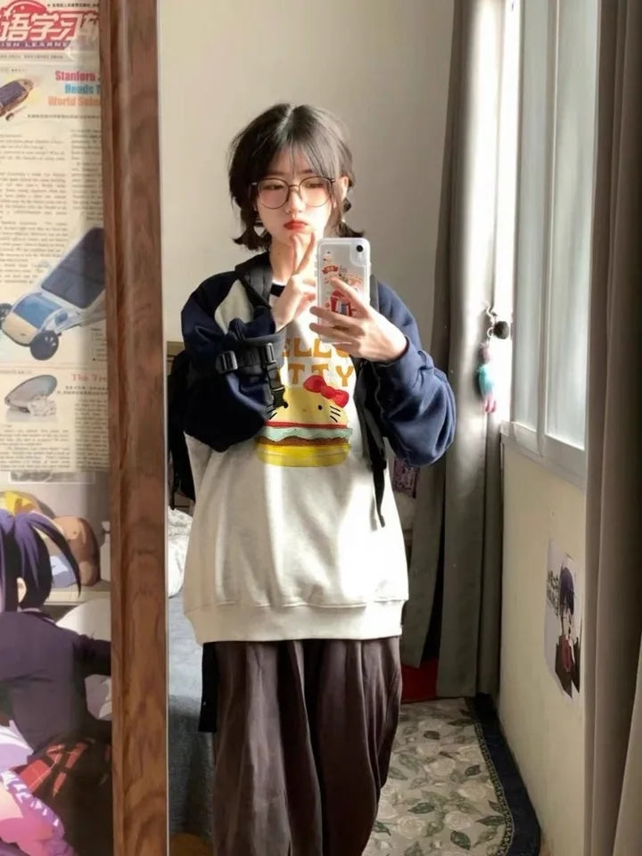 Cat Anime Burger Patchwork Hoodie