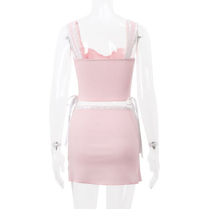 2PCS Sweet Pink Bow Sleeveless Lace Top + Skirt
