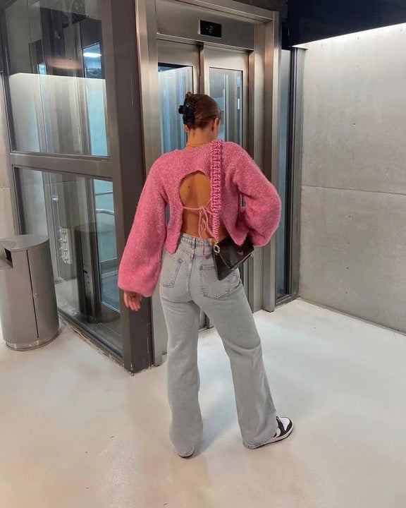 Pink Knit Backless Lace Up Sweater