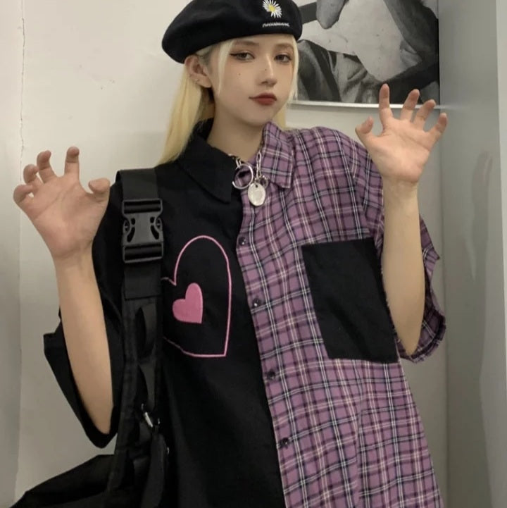 Cute Heart Pocket Plaid Patchwork Vintage Blouse Short Sleeve T- Shirt Top Aesthetic Casual Summer E-Girl Kawaii Korean Japanese Harajuku