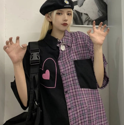 Cute Heart Pocket Plaid Patchwork Vintage Blouse Short Sleeve T- Shirt Top Aesthetic Casual Summer E-Girl Kawaii Korean Japanese Harajuku