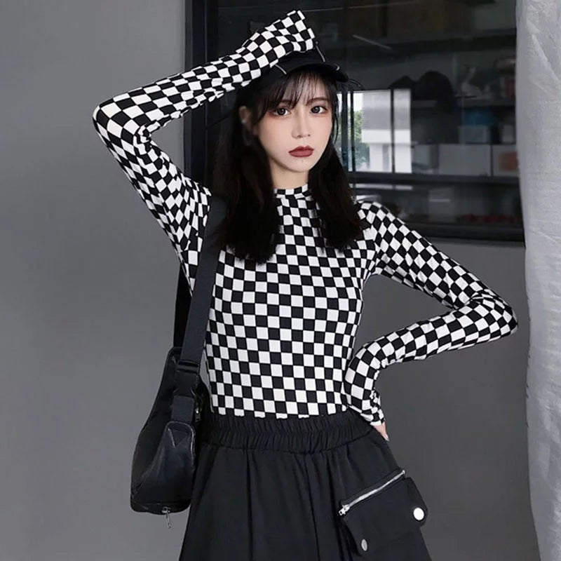 Cute Black White Checkerboard Plaid Long Sleeve Shirt Top Punk Goth Aesthetic Casual E-Girl Kawaii Korean Japanese Harajuku