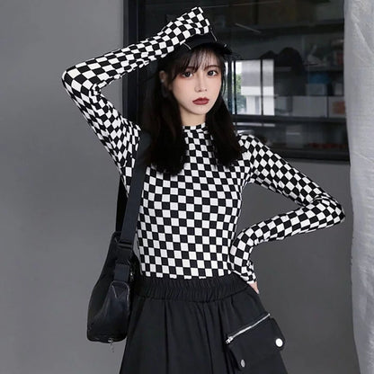 Cute Black White Checkerboard Plaid Long Sleeve Shirt Top Punk Goth Aesthetic Casual E-Girl Kawaii Korean Japanese Harajuku