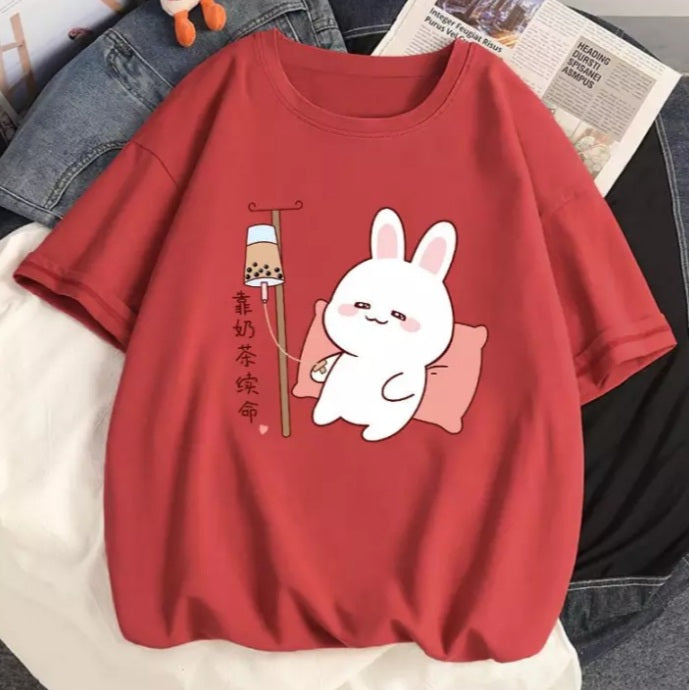Cute Rabbit Boba Bubble Milk Tea Graphic Cartoon Print Loose Short Sleeve T-shirt Aesthetic Casual Summer E-Girl Kawaii Korean Japanese Harajuku