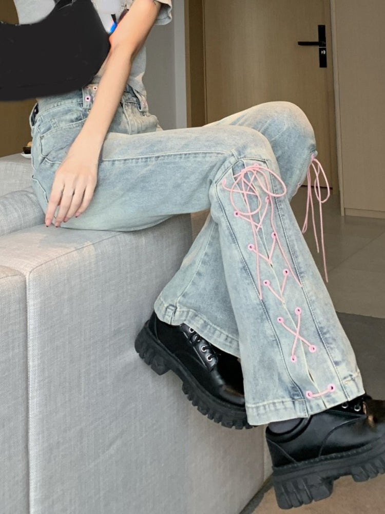 Pink Lace Up High Waist Flare Pants
