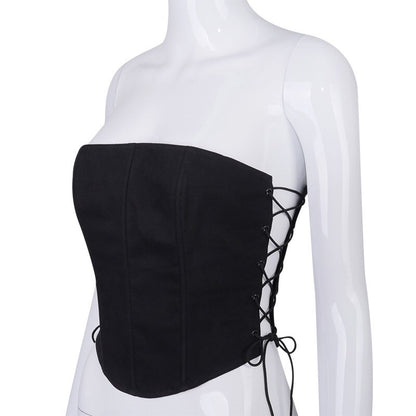 Sexy Black Corset Lace Tie Up Bustier Crop Top Sleeveless Strapless Vest Party Club Aesthetic Goth E-Girl Kawaii Korean Japanese Harajuku Streetwear