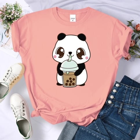 Cute Panda Bear Boba Bubble Milk Tea Graphic Cartoon Print Loose Short Sleeve T-shirt Aesthetic Casual Summer E-Girl Kawaii Korean Japanese Harajuku