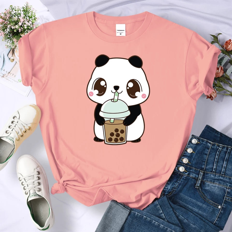 Cute Panda Bear Boba Bubble Milk Tea Graphic Cartoon Print Loose Short Sleeve T-shirt Aesthetic Casual Summer E-Girl Kawaii Korean Japanese Harajuku