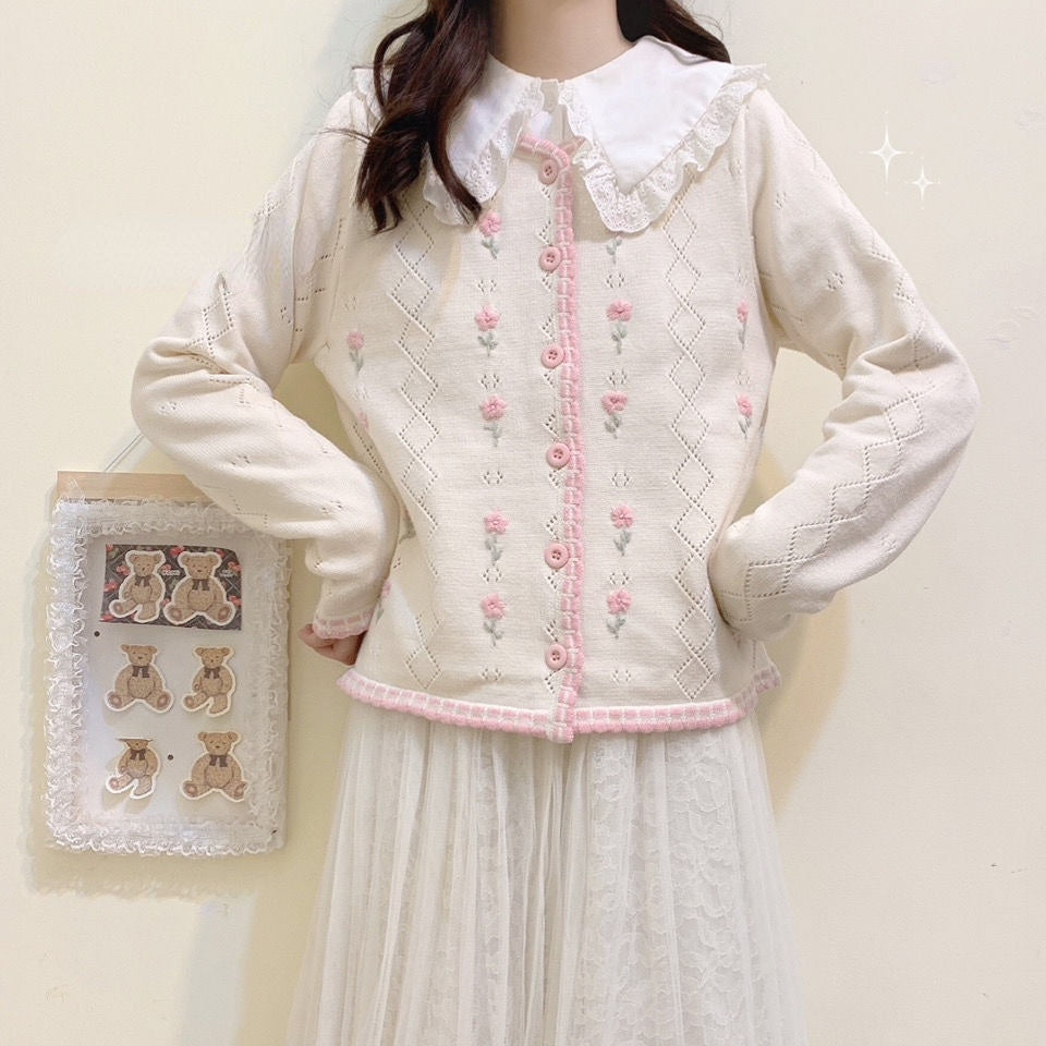 Blue Embroidery Hollow Sweater