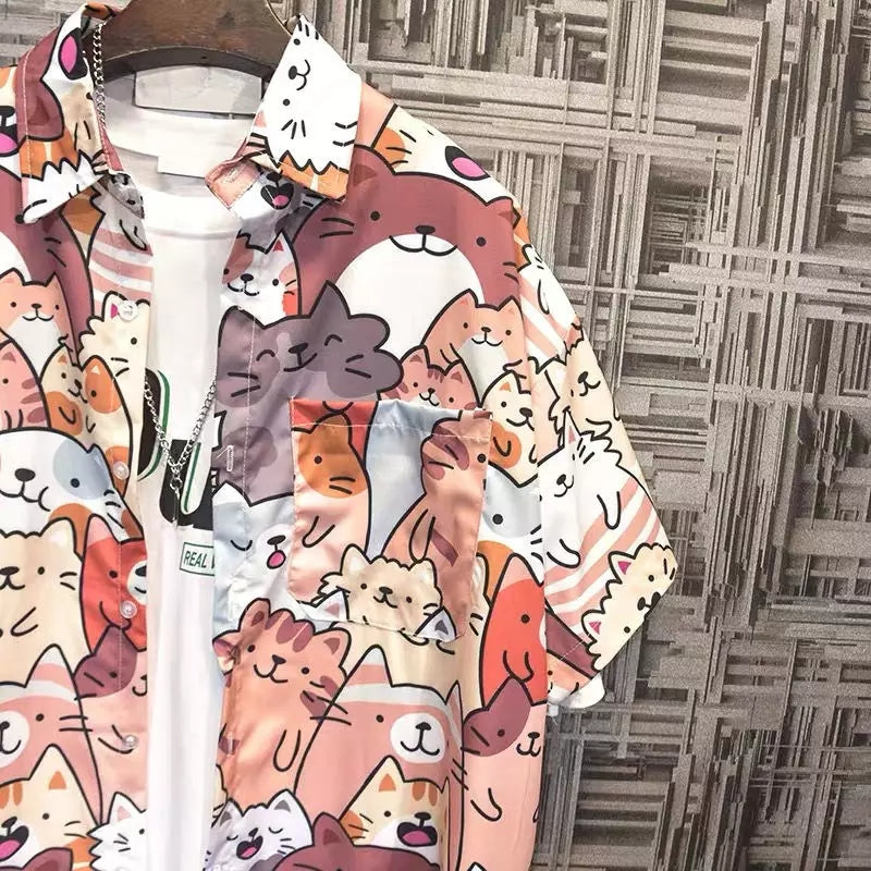 Cute Unisex Cat Cartoon Anime Print Loose Short Sleeve Shirt Button Up Aesthetic Casual Summer E-Girl Kawaii Korean Japanese Harajuku