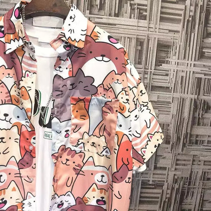 Cute Unisex Cat Cartoon Anime Print Loose Short Sleeve Shirt Button Up Aesthetic Casual Summer E-Girl Kawaii Korean Japanese Harajuku