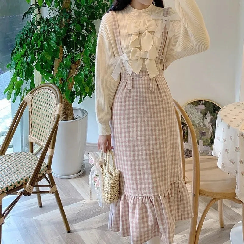 Pink Plaid High Waist Long Skirt