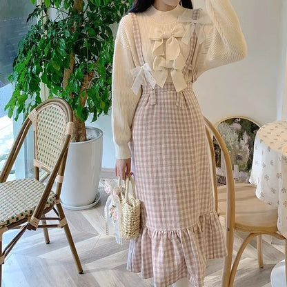 Pink Plaid High Waist Long Skirt