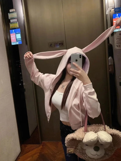 Pink Rabbit Ear Zipper Hoodie