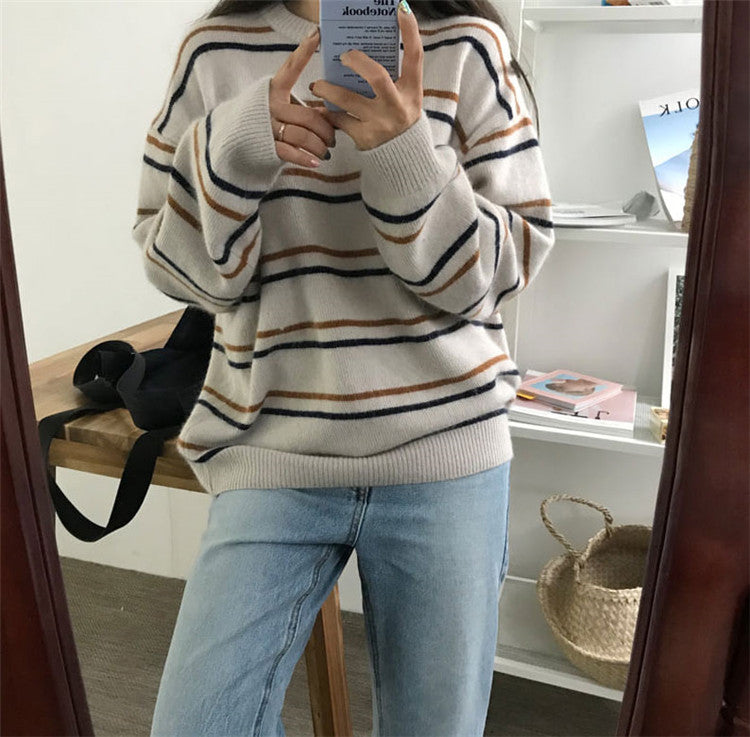 Soft Stripe Autumn O Neck Chic Loose Oversized Casual Knit Sweater Sweatshirt Pullover Jumper Shirt E-Girl Kawaii Korean Japanese Harajuku Streetwear