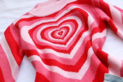 Cute Sweet 90s Hot Pink Heart Striped Long Sleeve Knit Top Sweater Sweatshirt Pullover Jumper Autumn E-Girl Kawaii Korean Japanese Harajuku Streetwear
