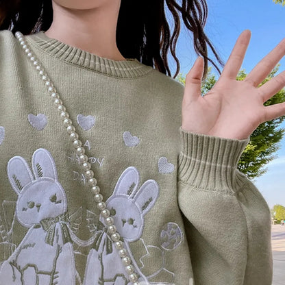 Green Rabbit Knit Long Sleeve Sweater