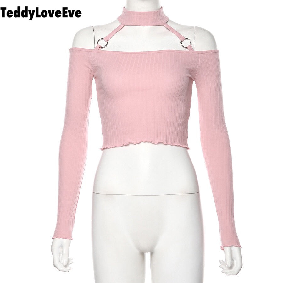Cute Pink Strapless Ruffle Crop Top Causal Slim Long Sleeve Shirt T-shirt Top Tee E-Girl Kawaii Korean Japanese Harajuku Streetwear