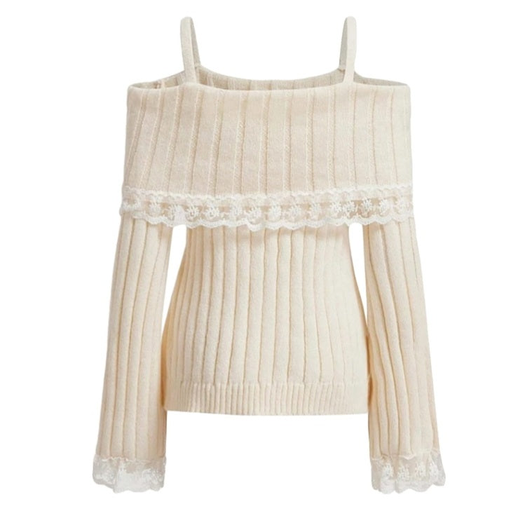 Pink Off Shoulder Bow Lace Sweater