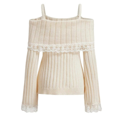 Pink Off Shoulder Bow Lace Sweater