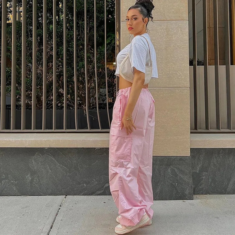 Pink Drawstring Low Waist Trousers