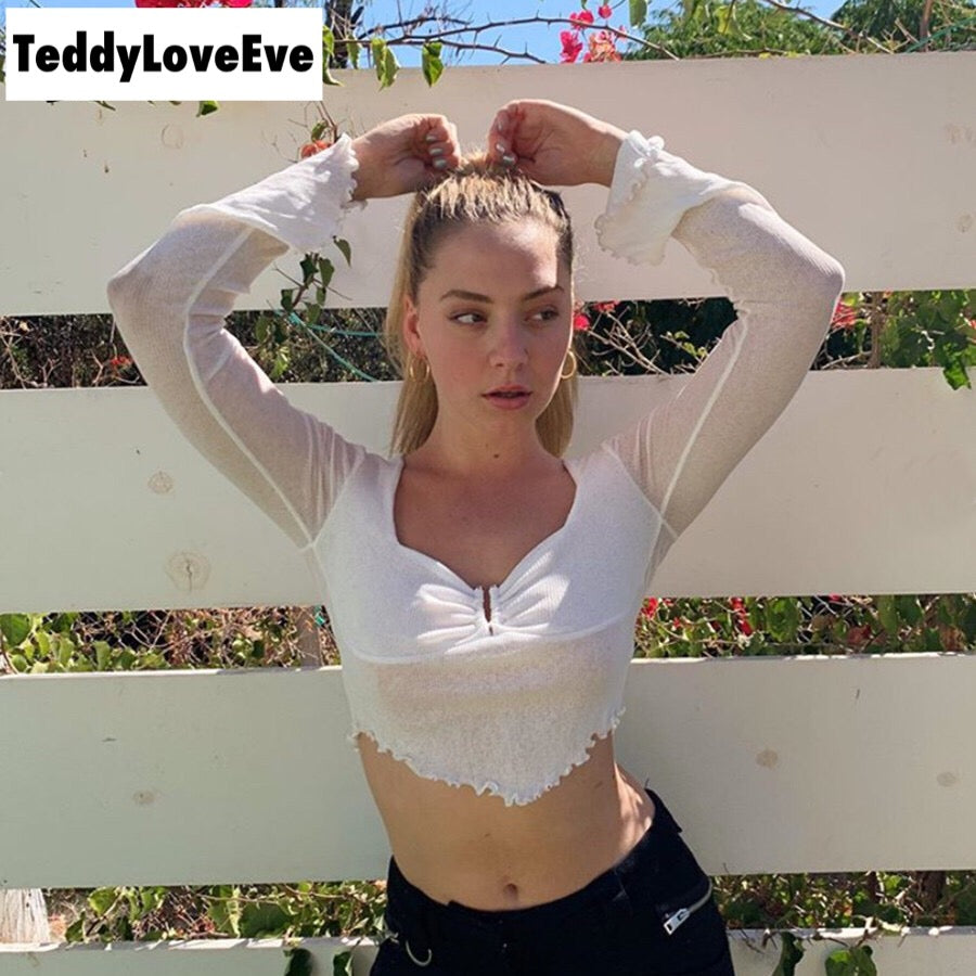 Cute Sexy Transparent See Through Crop Top Long Sleeve Shirt Tee T-shirt E-Girl Kawaii Korean Japanese Harajuku Chinese Retro Streetwear Aesthetic